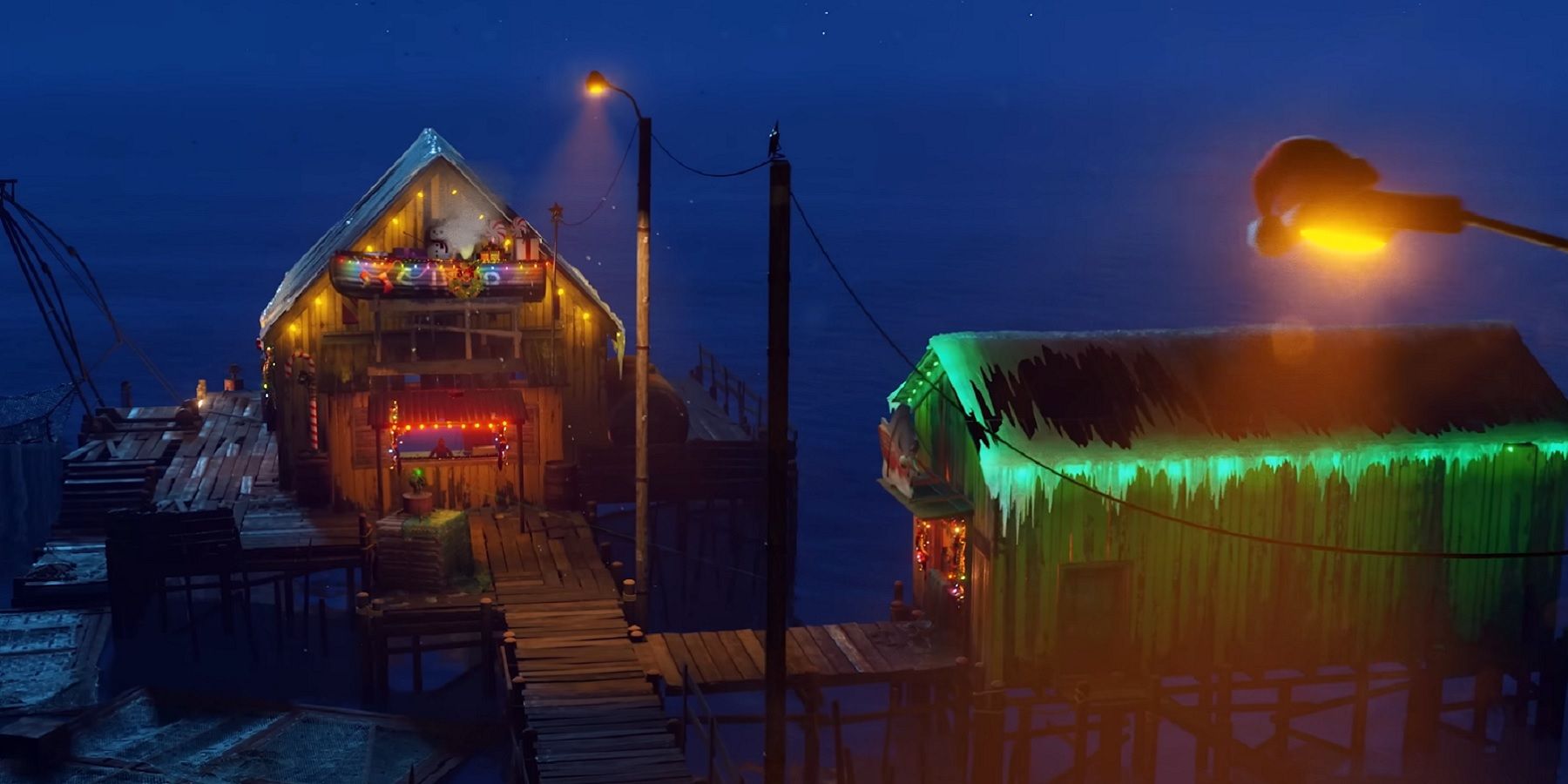 Image from Rust showing a Christmas decorated fishing dock.