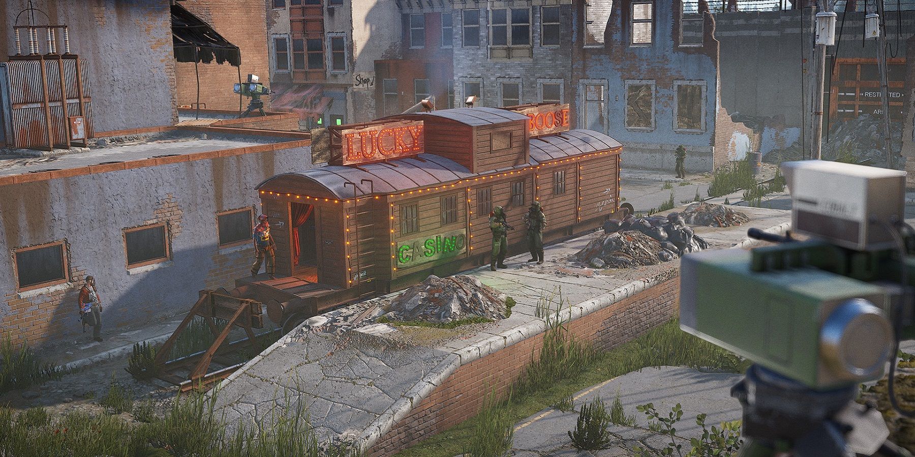 Image from Rust showing a train caboose at an outpost.