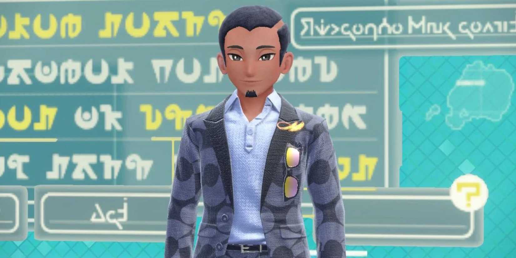 Salvatore standing in front of a screen in Pokemon Scarlet and Violet