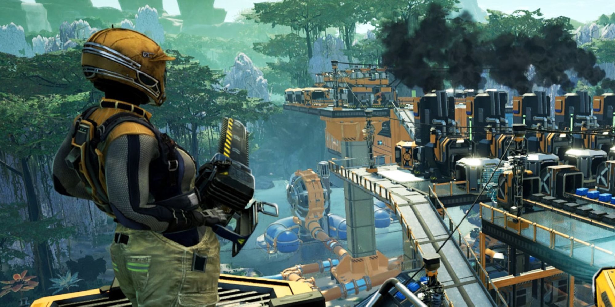 A woman wields a chainsaw while overlooking what appears to be a futuristic assembly line