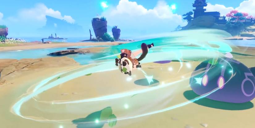 sayu attacking slimes in genshin impact