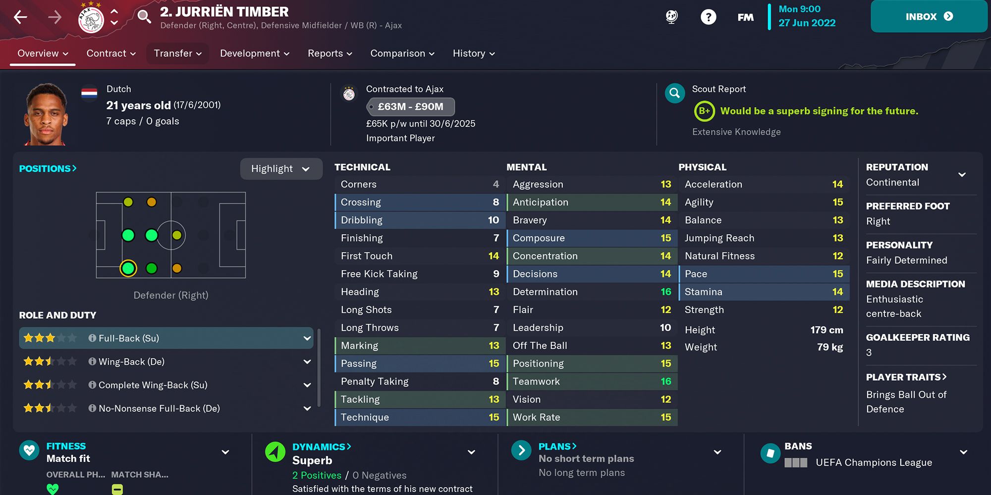 Screenshot Of Jurrien Timber In Football Manager 23