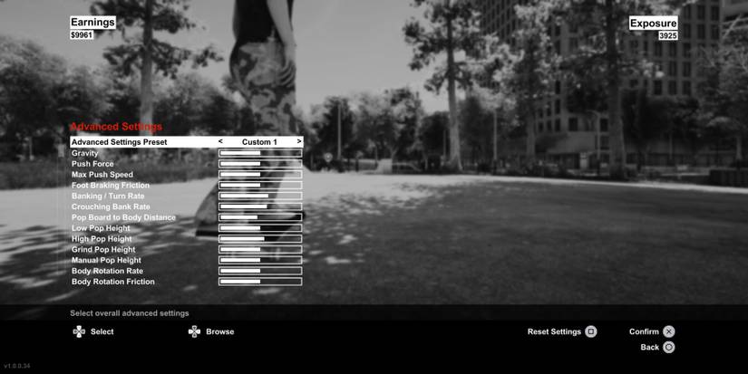 Session Skate Sim Advanced Settings