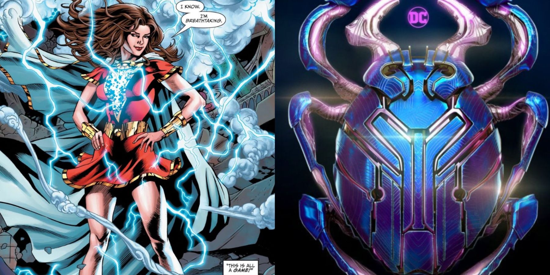 A split image features Mary as Lady Shazam in DC Comics and the movie poster for Blue Beetle