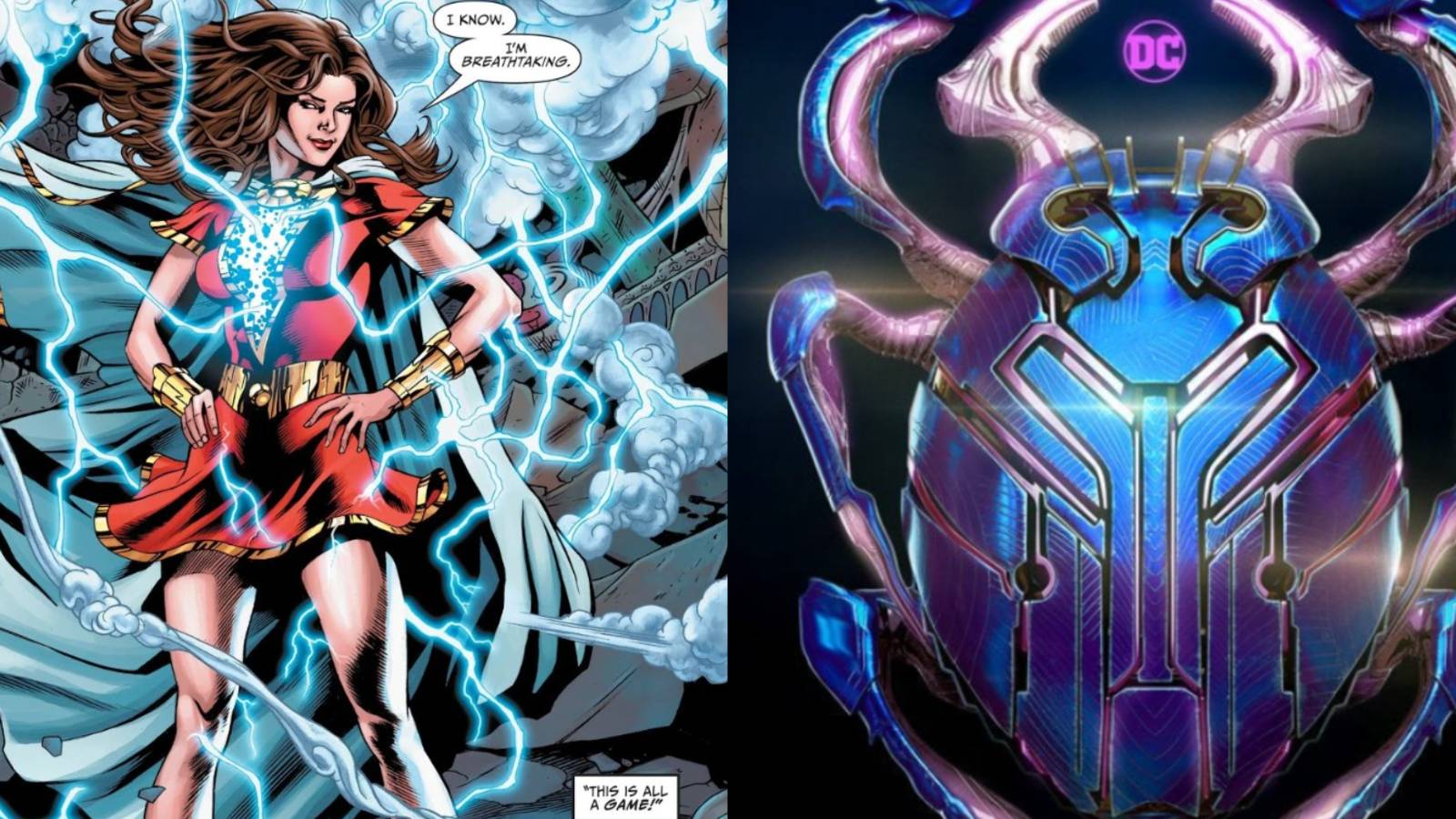 A split image features Mary as Lady Shazam in DC Comics and the movie poster for Blue Beetle