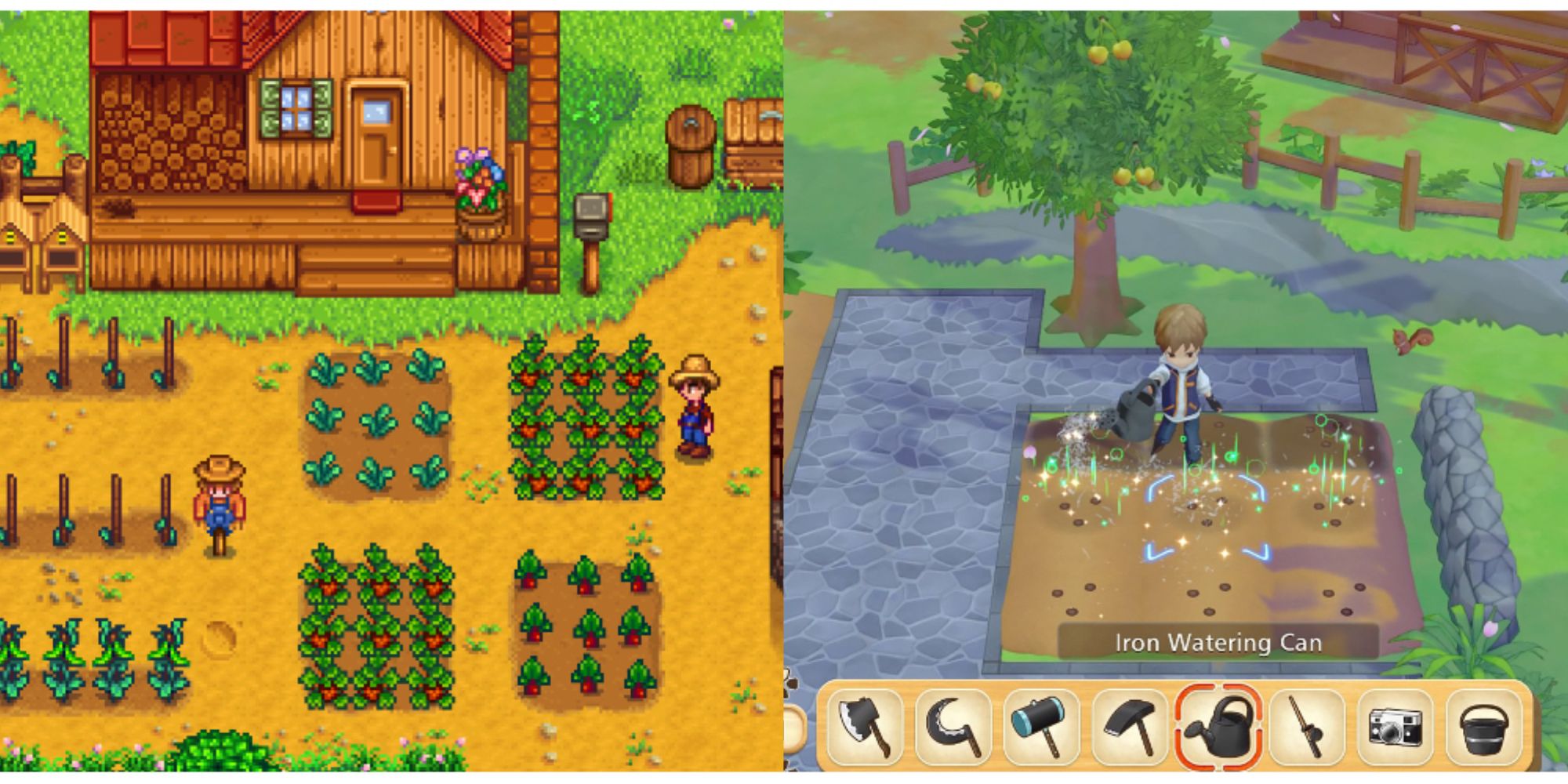 split image of Stardew Valley and Story of Seasons: Pioneers of Olive town crops