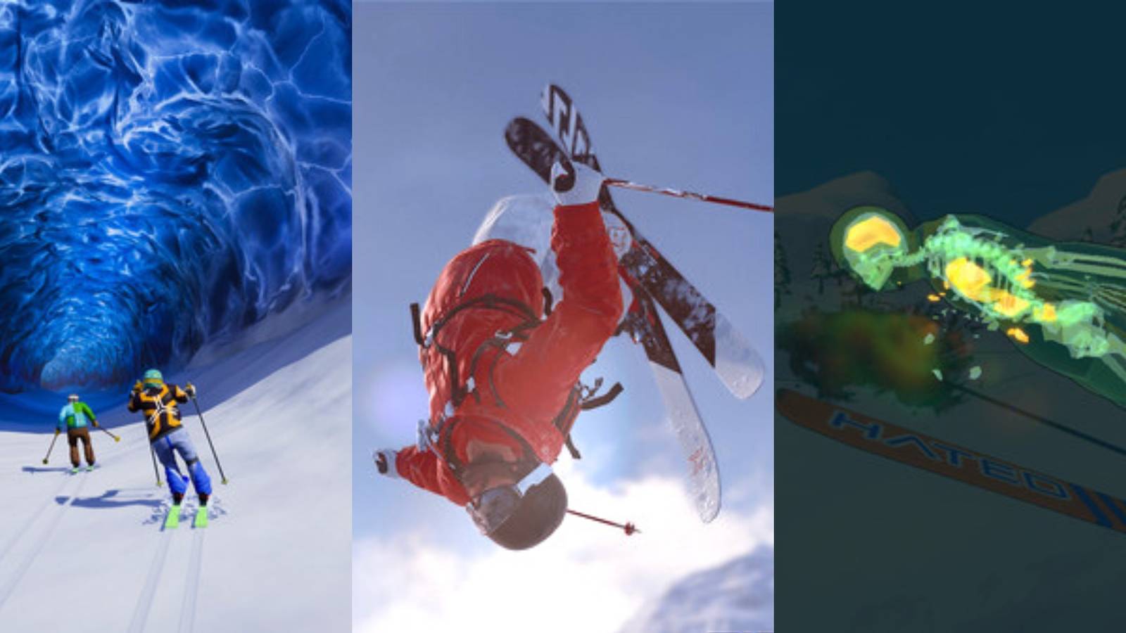 skiers in Skiing VR, skier in Steep, skier in Ski Sniper