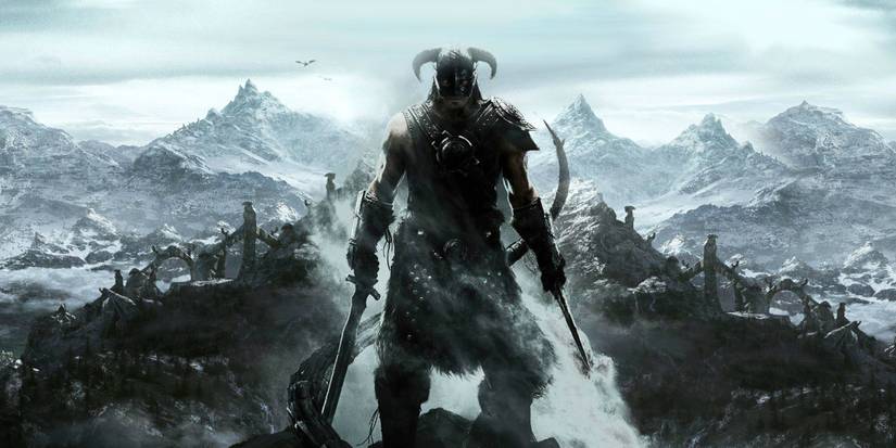 dragonborn poses with swords