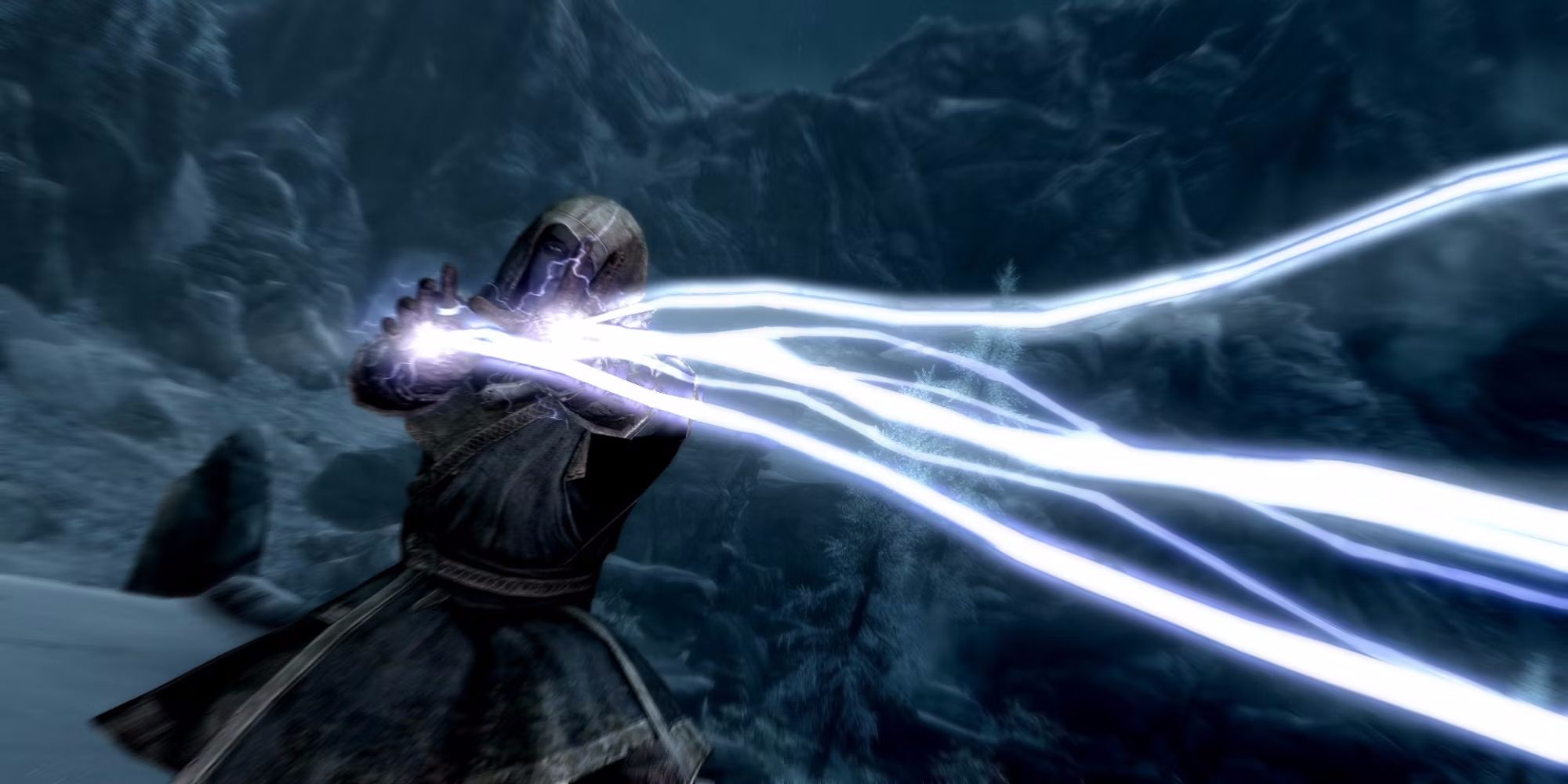 Cinematic view of the protagonist casting a spell in Skyrim