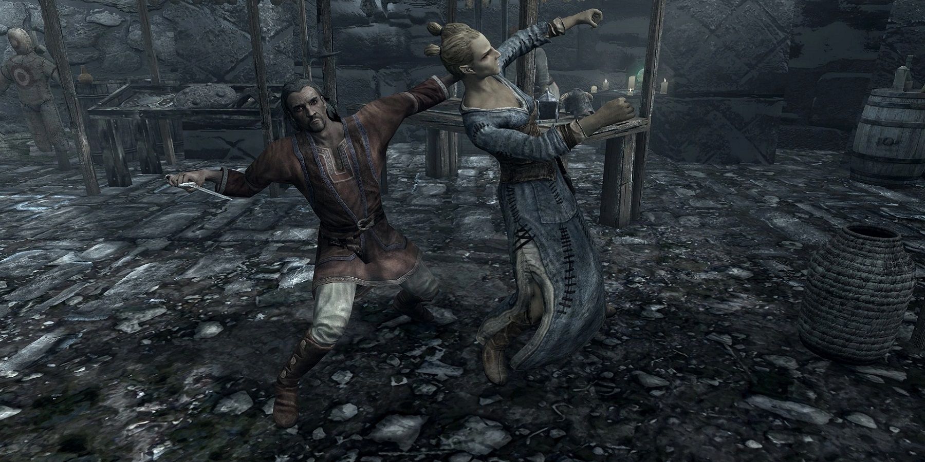 Image from Skyrim showing one NPC about to stab another.