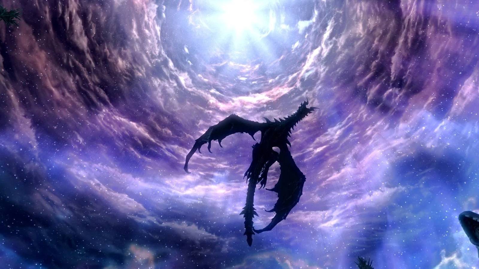 Picture of Alduin flying in the sky at the end of Skyrim