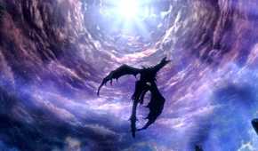 Picture of Alduin flying in the sky at the end of Skyrim
