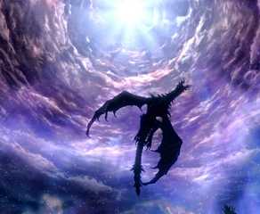 Picture of Alduin flying in the sky at the end of Skyrim