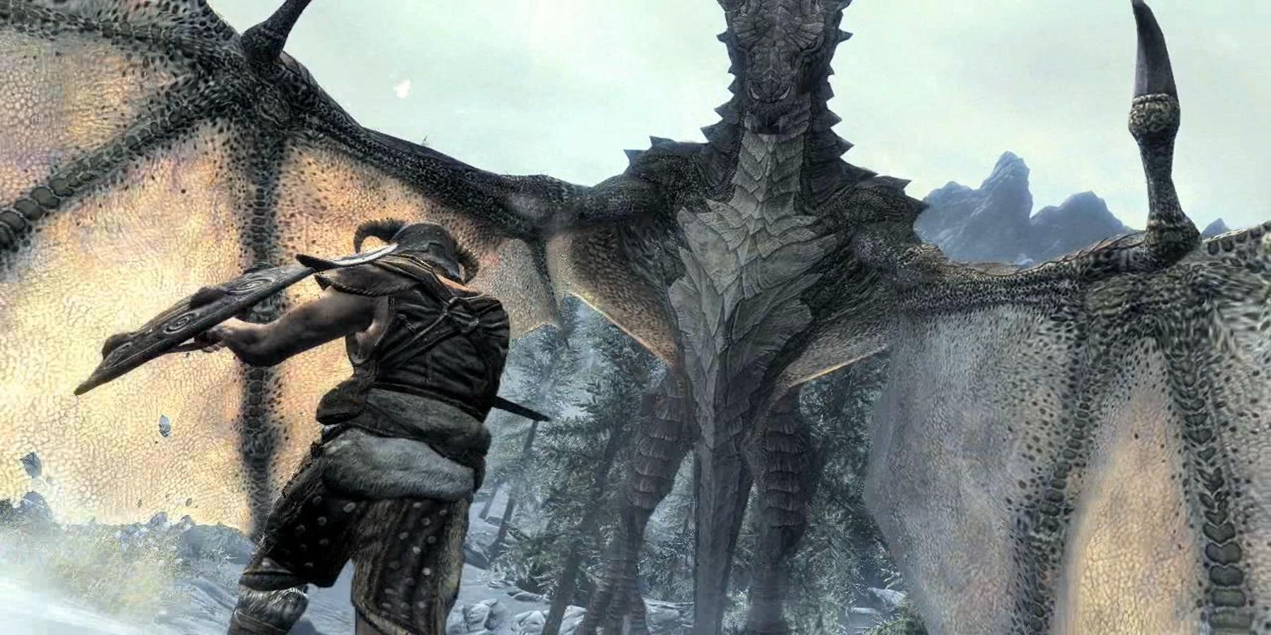 Picture of a Skyrim player character fighting a frost dragon.