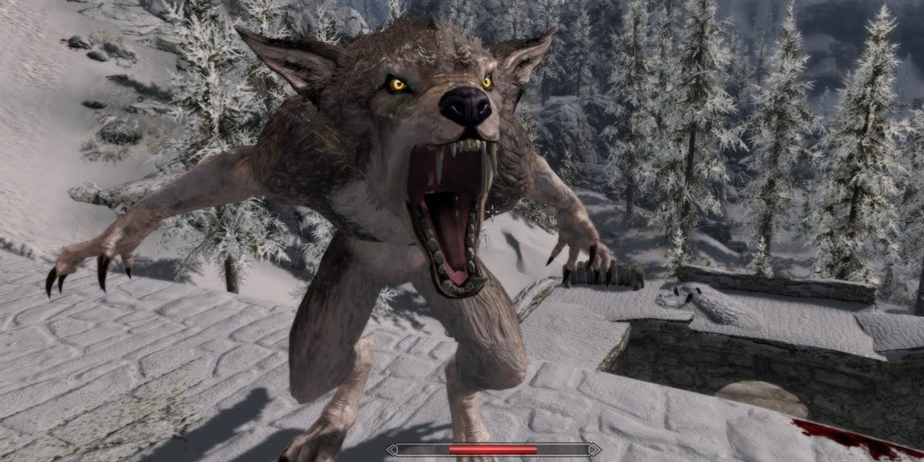 Modded timber werewolf attacking the Dragonborn in Skyrim