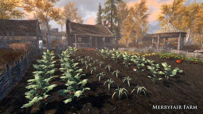 Screenshot from Skyrim showing Merryfair Farm growing plenty of crops.