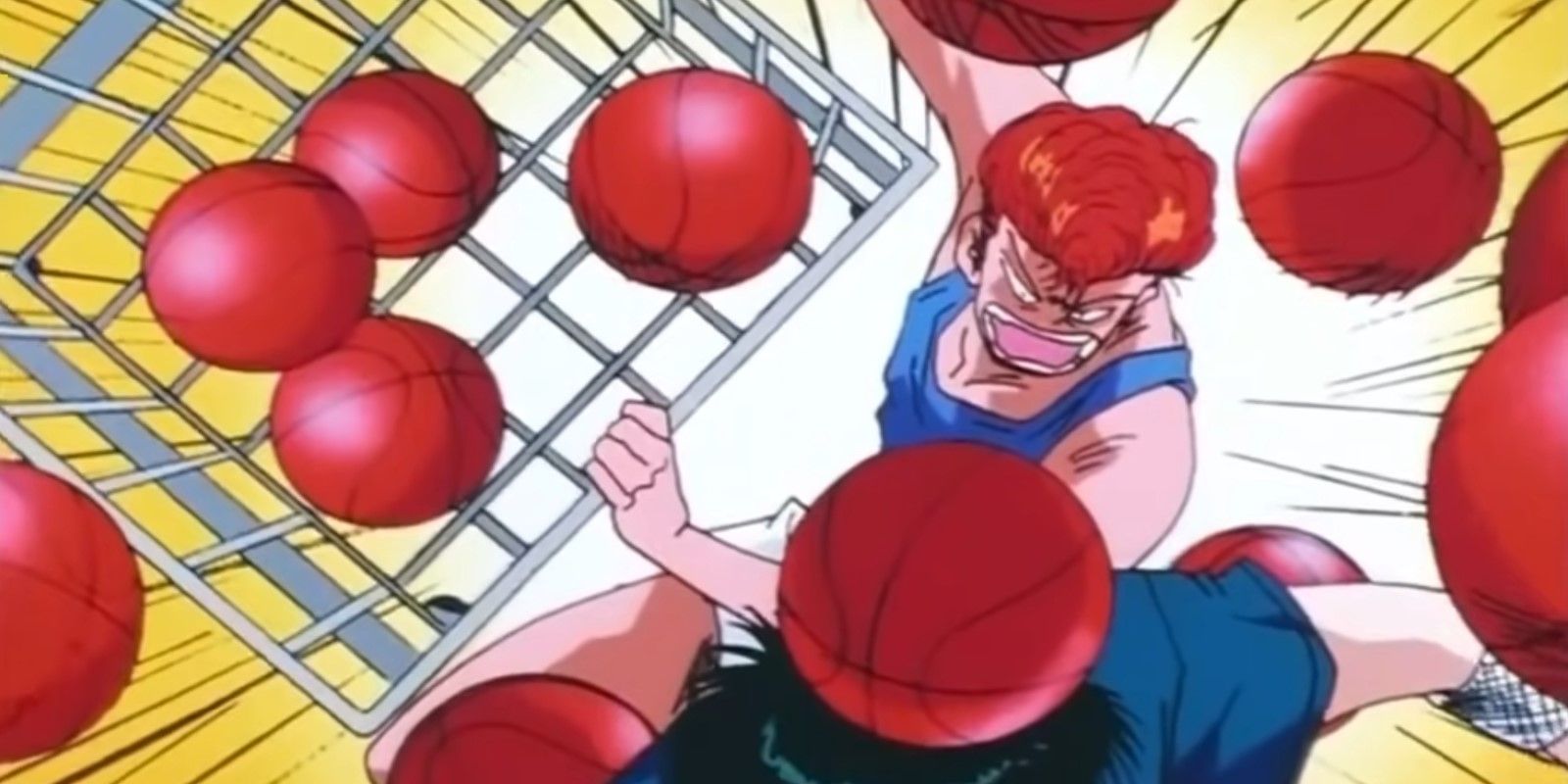 Slam Dunk Sakuragi hitting Rukawa with balls