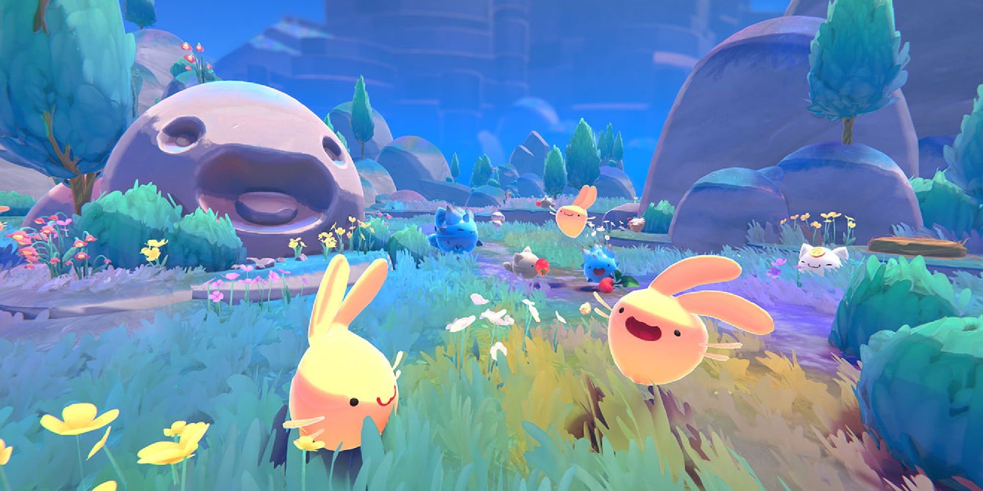 Two adorable bunny-shaped slimed frolic in a beautiful field 