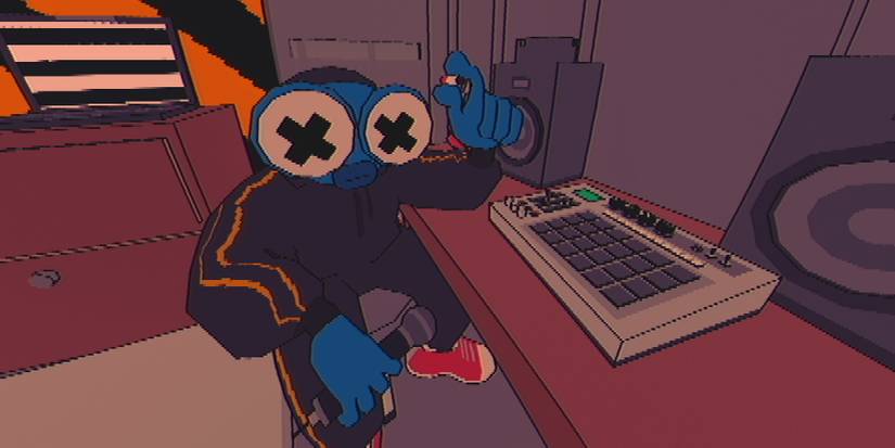 A man holding a microphone and a cigarette at a recording bench in Sludge Life