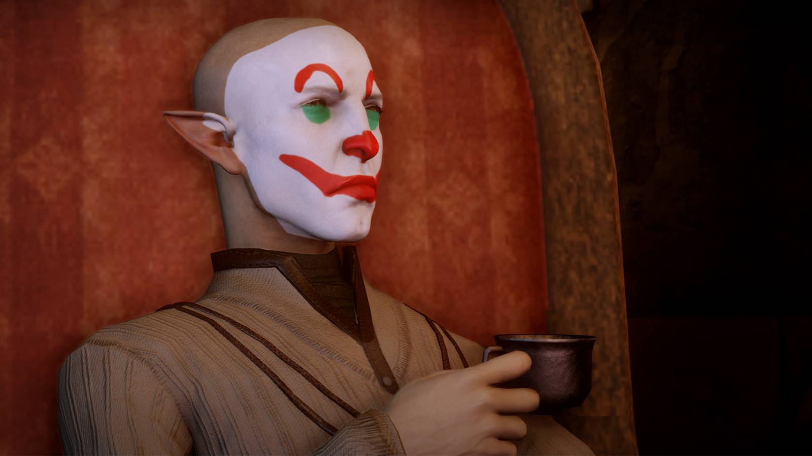 Clown Solas from Dragon Age Inquisition Drinking Tea Unhappy