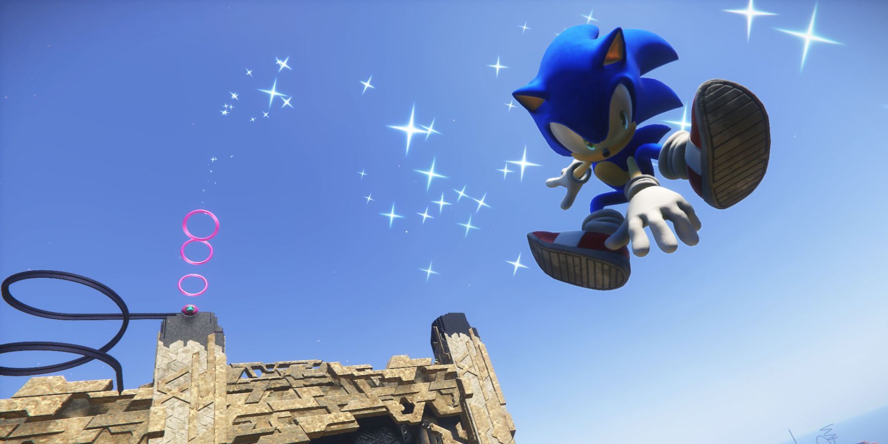 Sonic in the air with sparkles following him in Sonic Frontiers