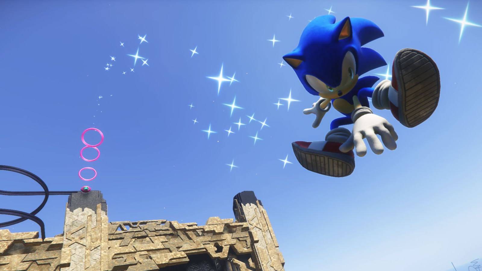 Sonic in the air with sparkles following him in Sonic Frontiers