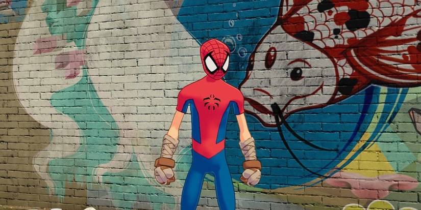 Manga-verse Spider-Man, with short sleeves, bandages around the hands, and a flat red-and-blue color scheme, against a mural on a brick wall painted with a large Koi fish on the right. Image source: nl.ign.com