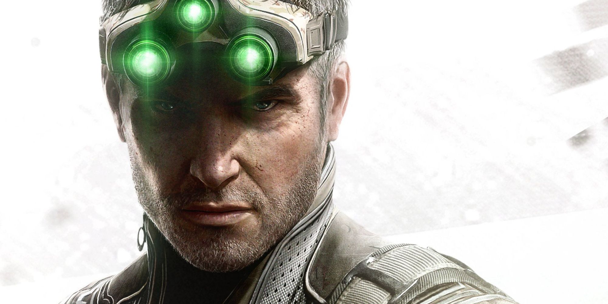 Sam Fisher stares at the camera while his night vision goggles are engaged