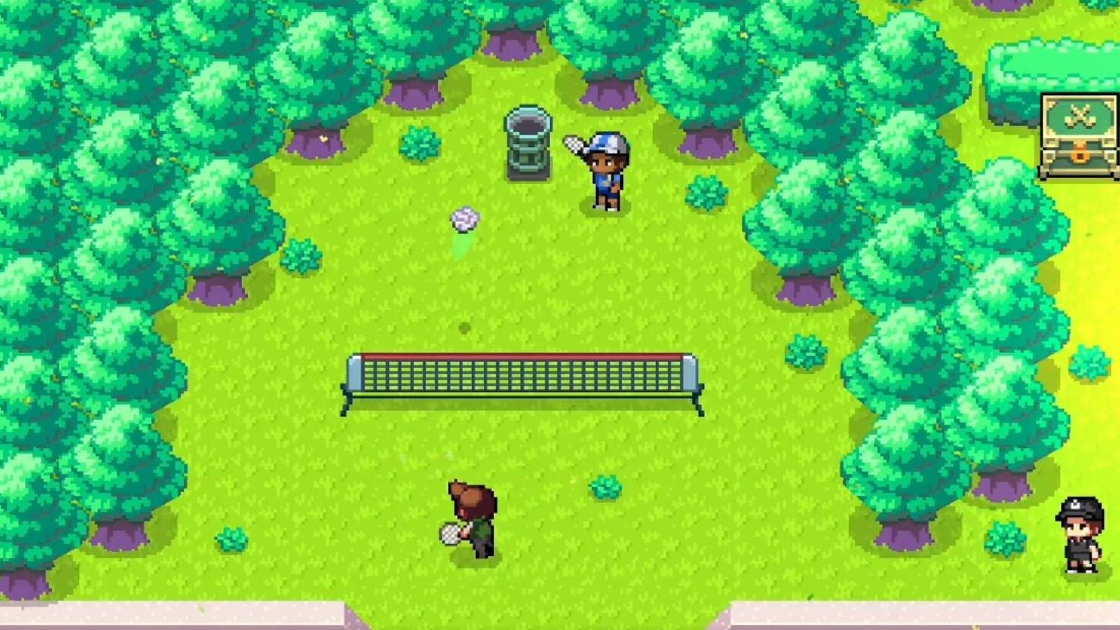 Image shows two characters playing badminton.