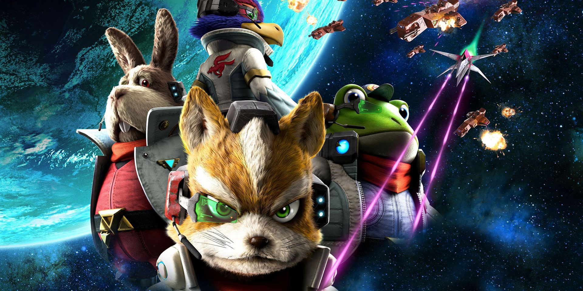 a promotional picture for star fox zero, featuring Fox, Falco and other characters