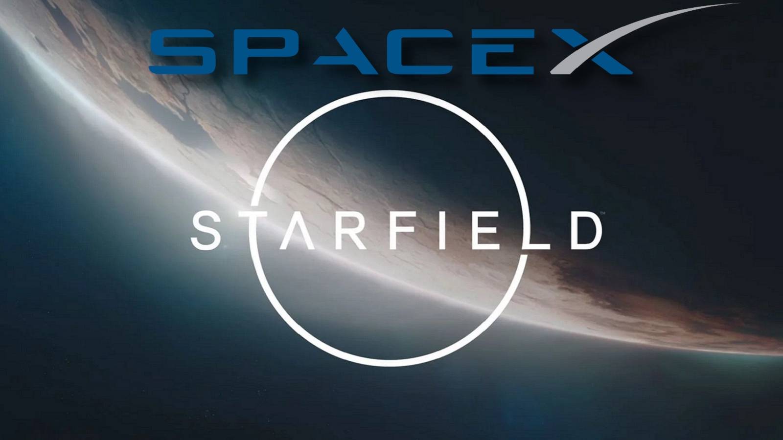 The SpaceX logo on top of the Starfield logo, with a looming planet in the background.