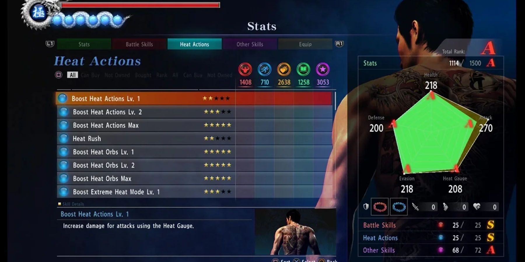 Stats screen in Yakuza 6