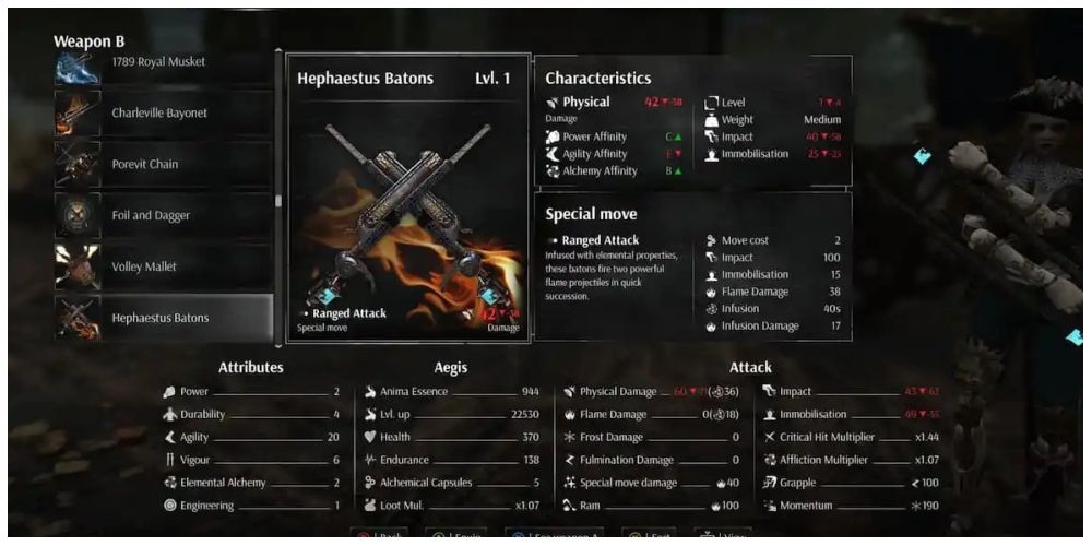 Hephaestus Batons information screen in Steelrising