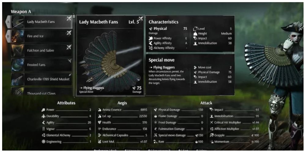 Lady Macbeth Fans information screen in Steelrising