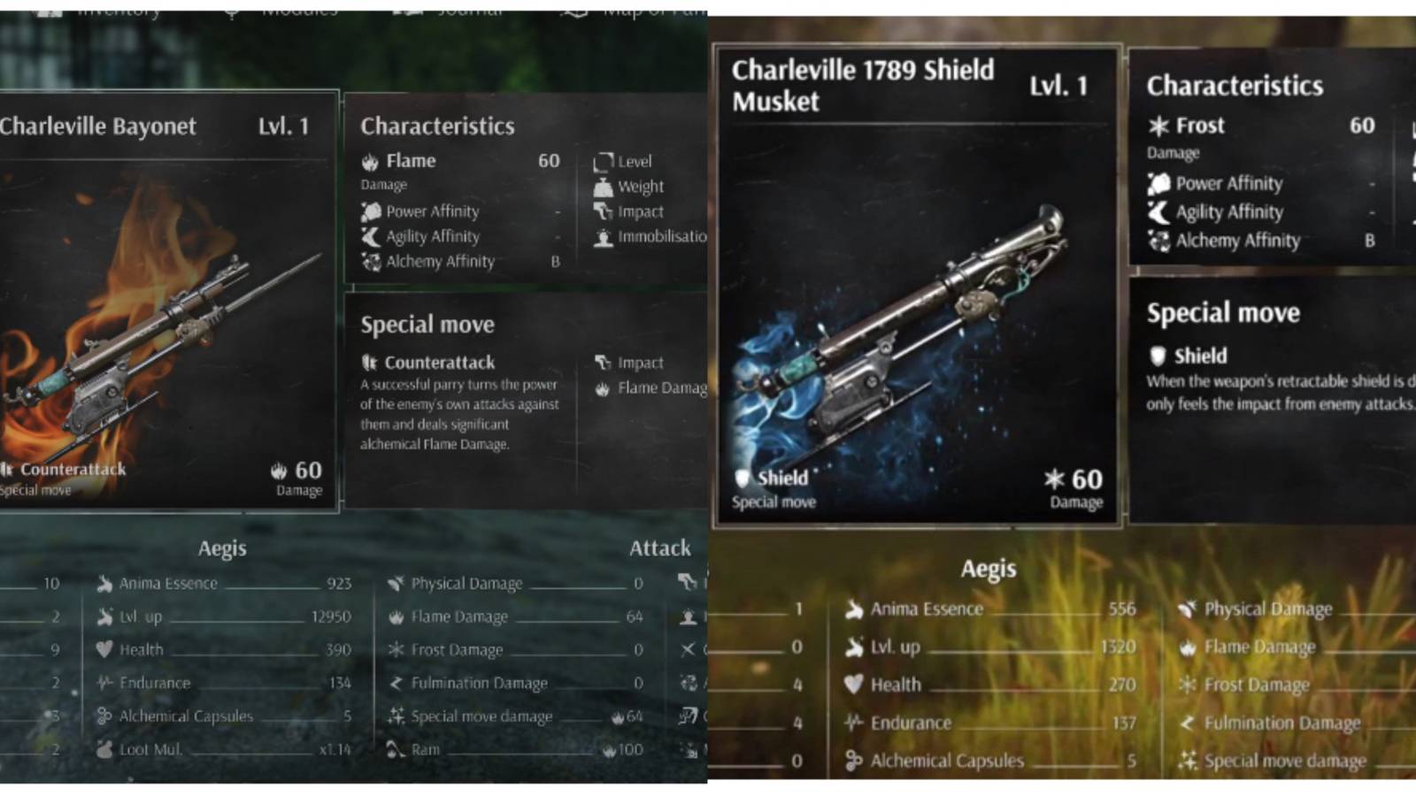 weapon information for Charleville Bayonet and Charleville 1789 Shield Musket in Steelrising