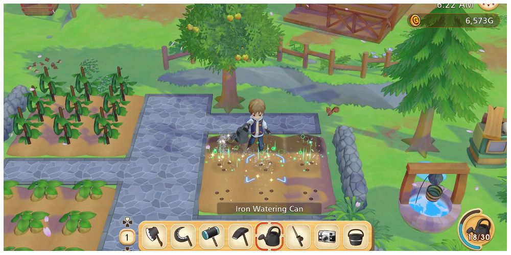 the protagonist watering his crops in Story of Seasons: Pioneers of Olive Town