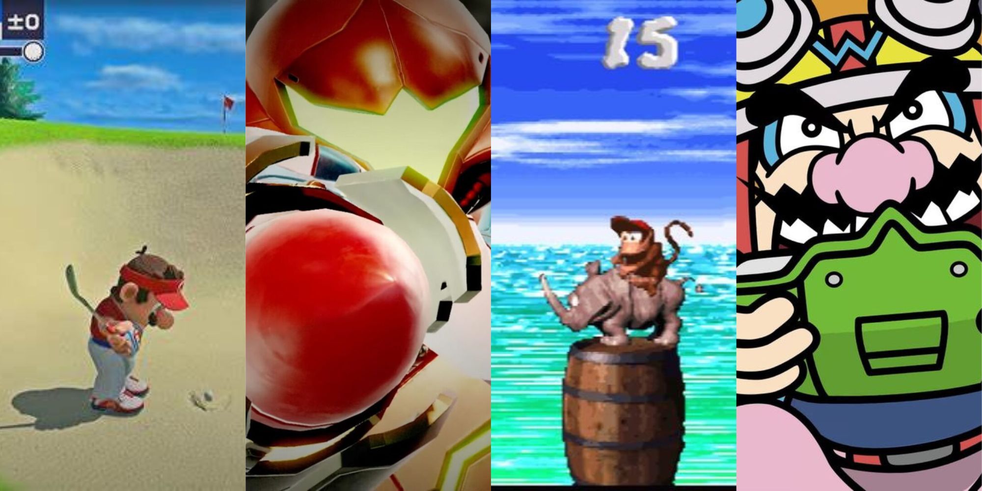Mario playing golf from Super Rush, Samus Aran from Metroid Dread, Diddy Kong on Rhino from Donkey Kong Country 2: Diddy Kong's Quest, and Wario playing game from Warioware