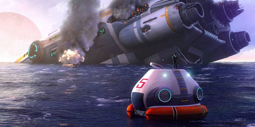 Image from Subnautica showing an escape pod net to a giant space ship that's sinking.