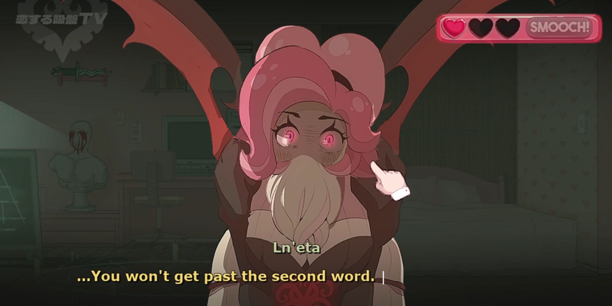 Ln'eta advierte al jugador que no pasará de la segunda palabra en Sucker For Love: First Date