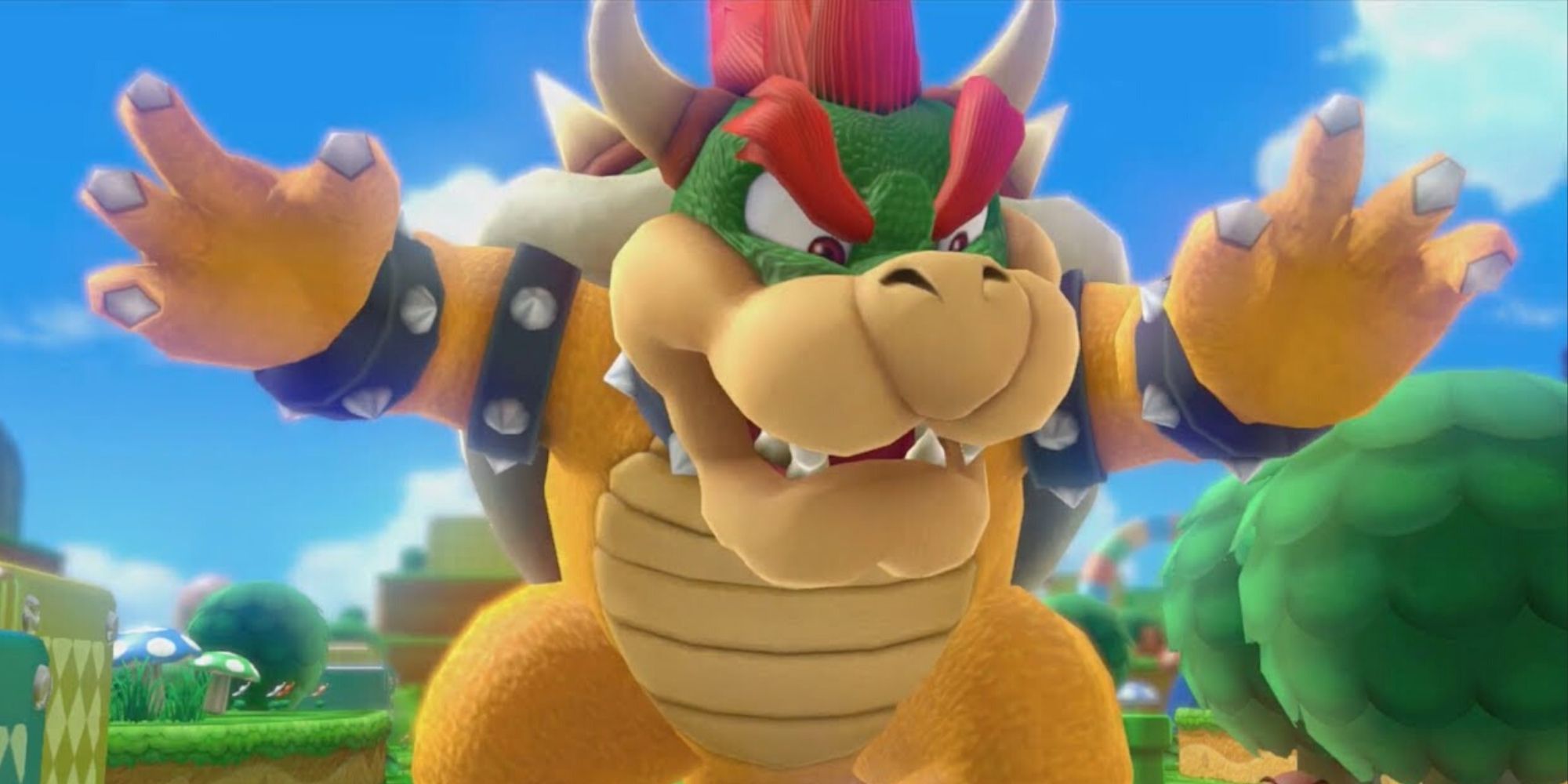 Super Mario's Bowser with his hands in the air and an angry expression