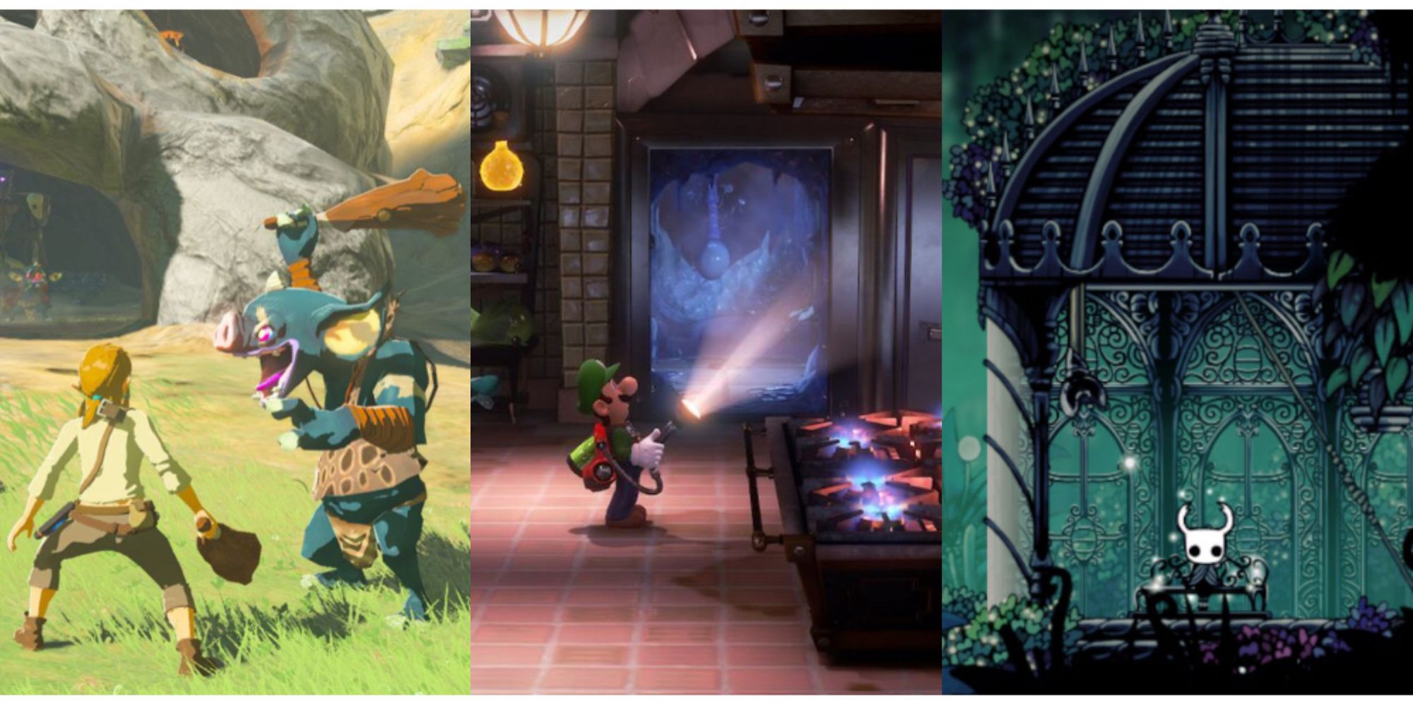 split image of Link in Breath of the Wild, Luigi in Luigi's Mansion 3, and the Knight in Hollow Knight