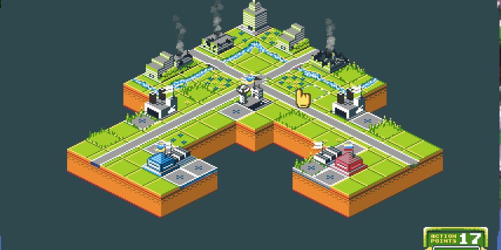 A street intersection in a 16-bit art style. Several buildings are destroyed. Image source: fossgames.com