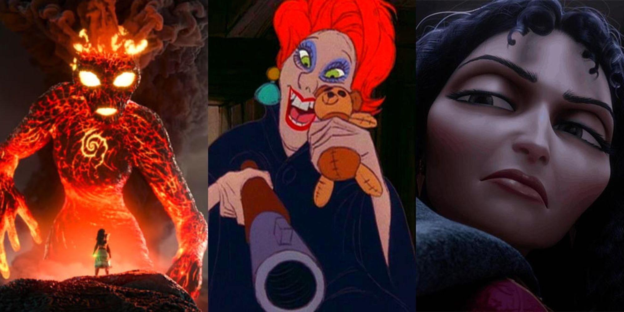 Te Ka and Moana in Moana, Madame Medusa in The Rescuers, Mother Gothel in Tangled