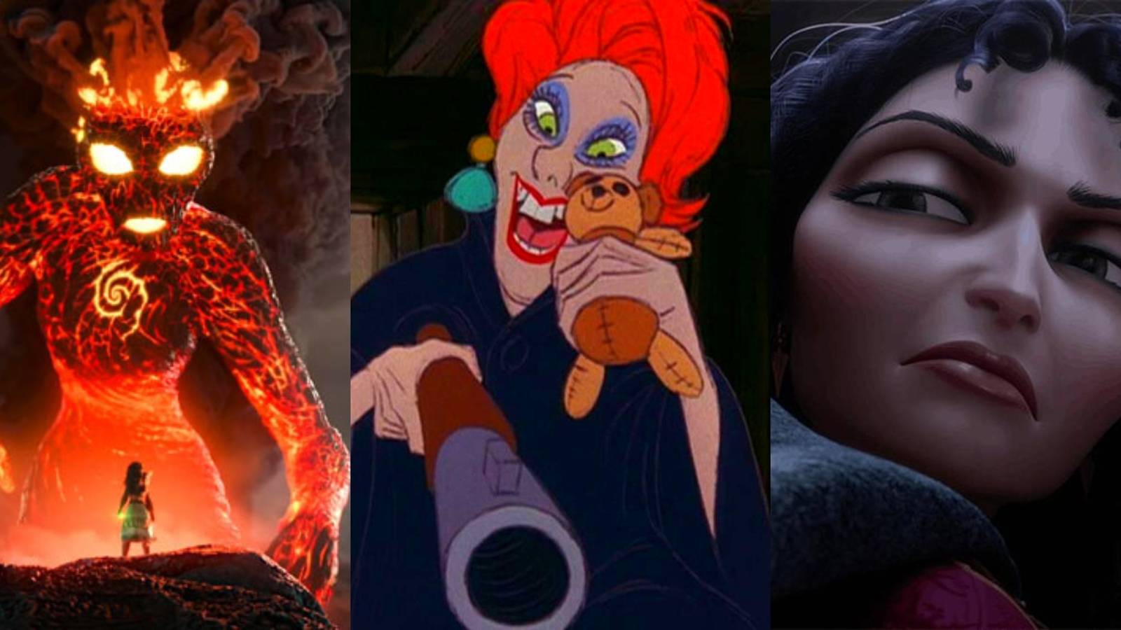 Te Ka and Moana in Moana, Madame Medusa in The Rescuers, Mother Gothel in Tangled