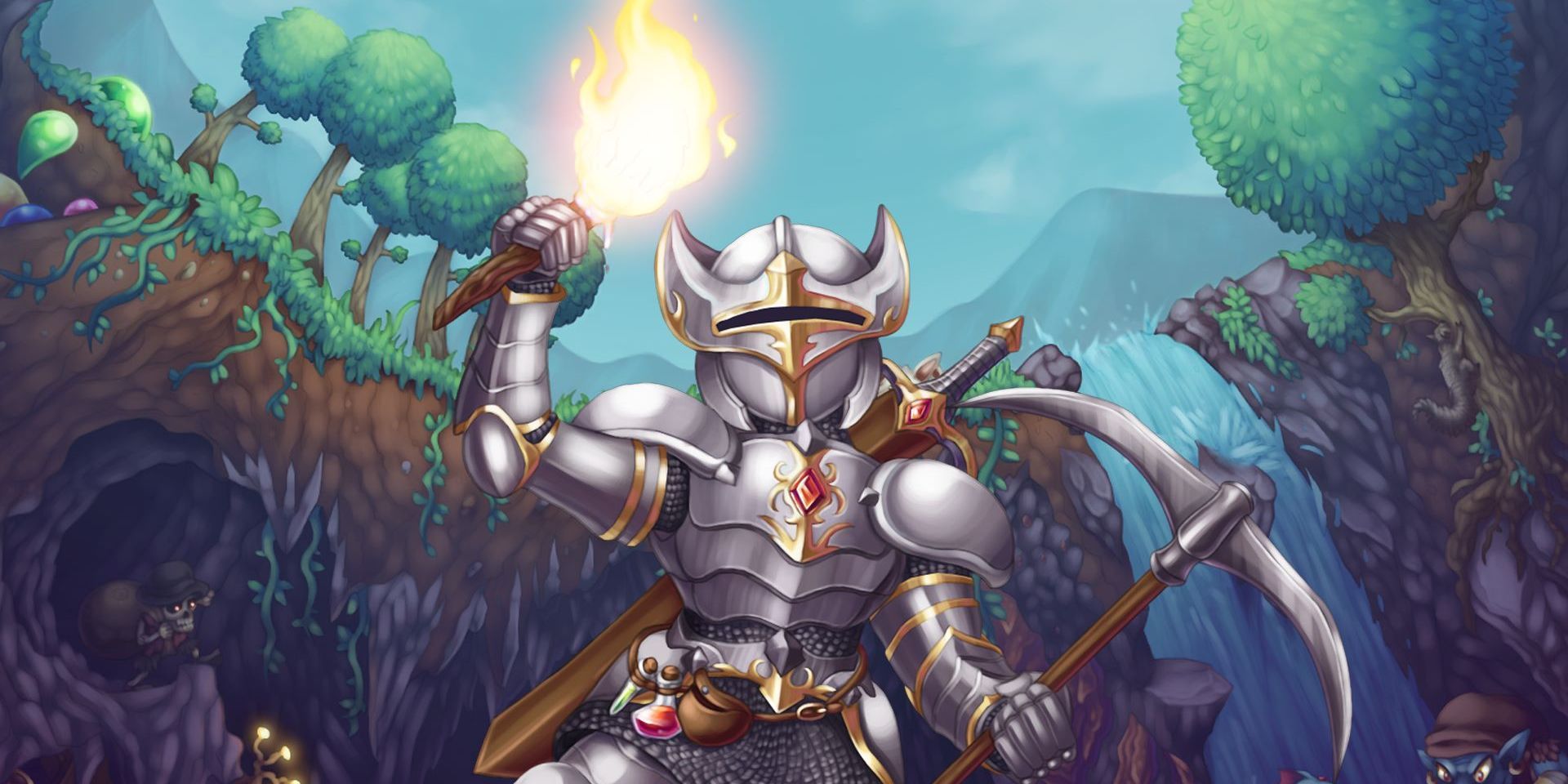 a promo picture for Terraria showing a person in armor with a torch in their hand