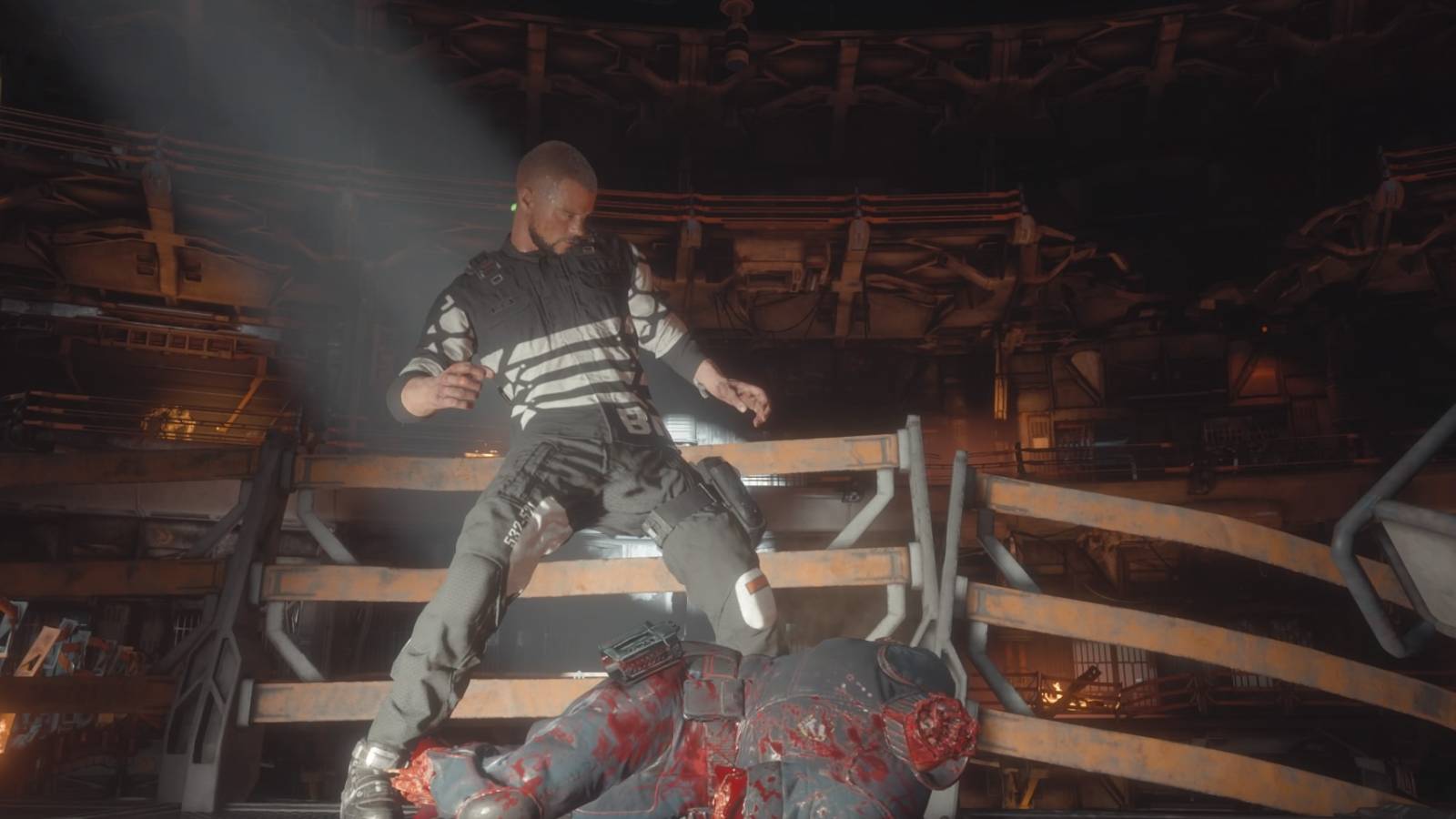 Jacob stomping a dead body in The Callisto Protocol