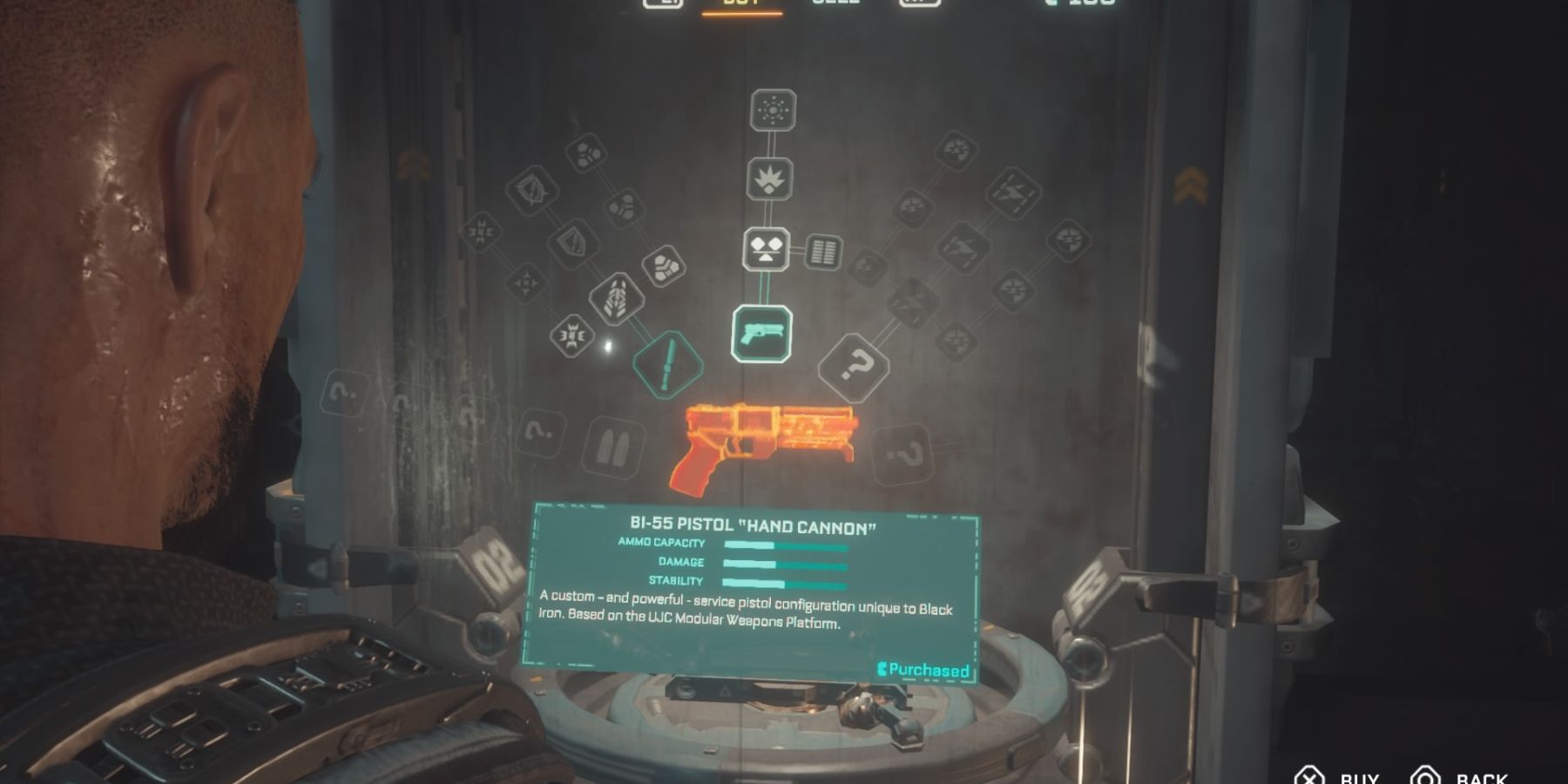 Selecting weapon upgrades in The Callisto Protocol