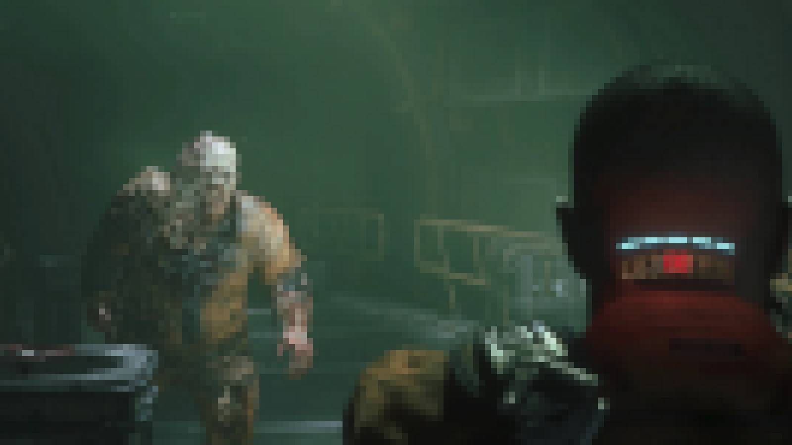 A more pixelated image from The Callisto Protocol showing protagonist Jacob approaching a monster.