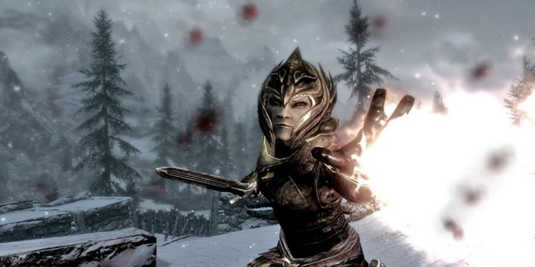 Elder Scrolls 5 combat system - an enemy combatant throws a blast of magic at the player character