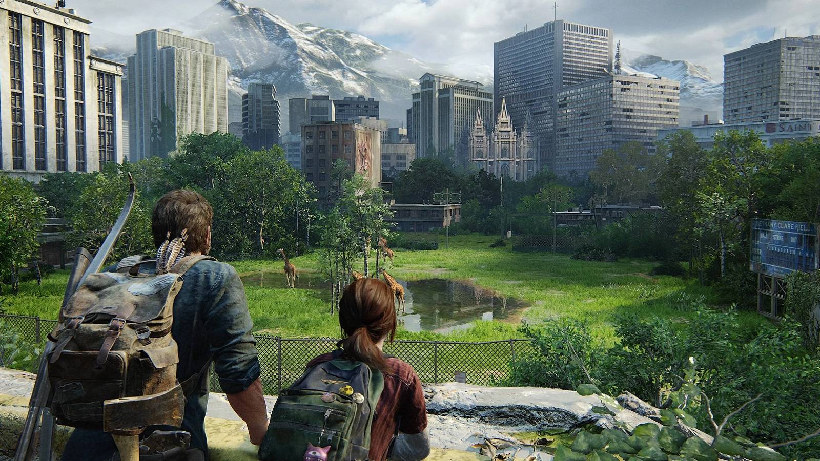 Image from the Last of Us Part 1 remake showing Joel and Ellie looking out onto a herd of giraffes.